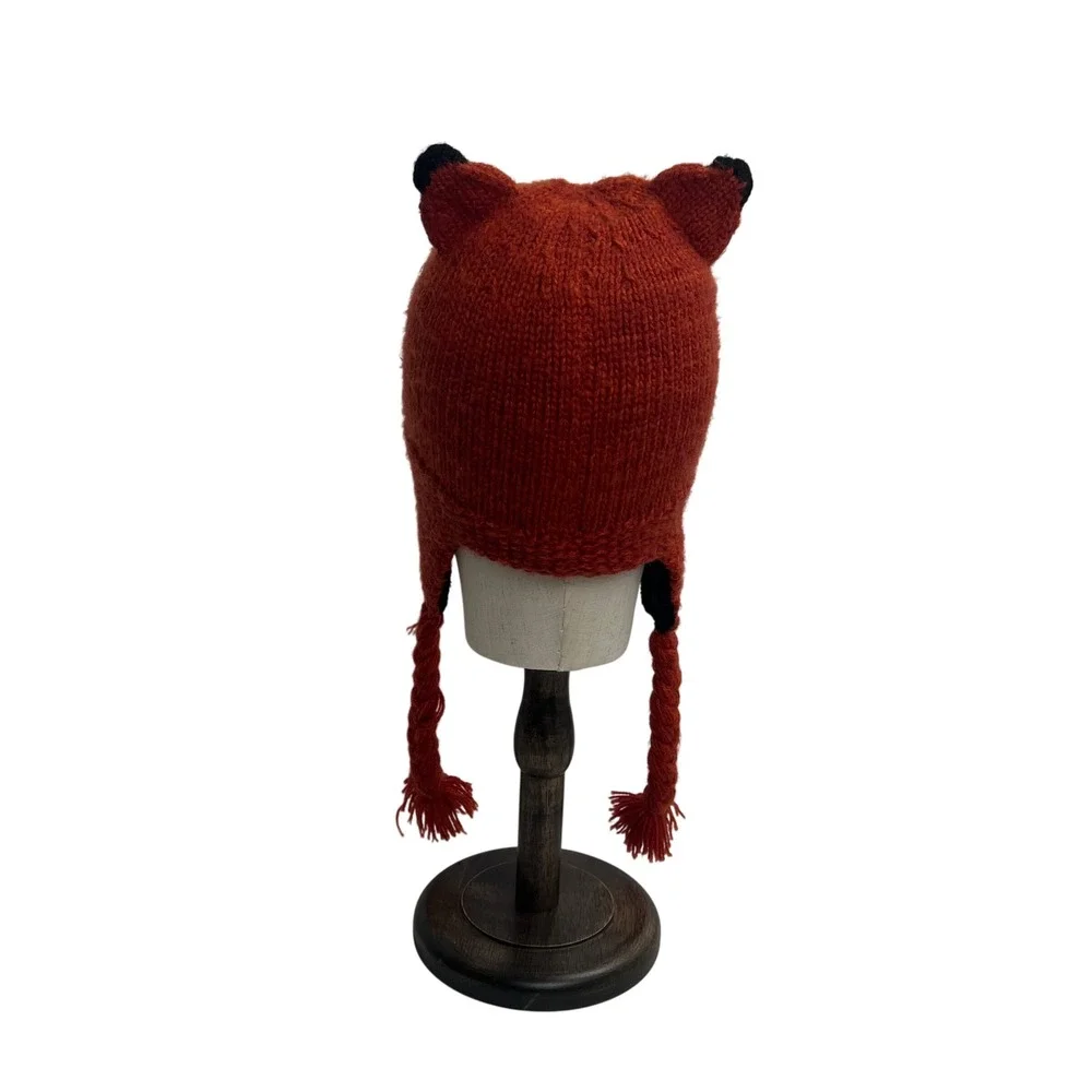 Andes Gifts Knitted‎ Fox Hat with Braids Orange Alpaca Blend Youth Kids Adult